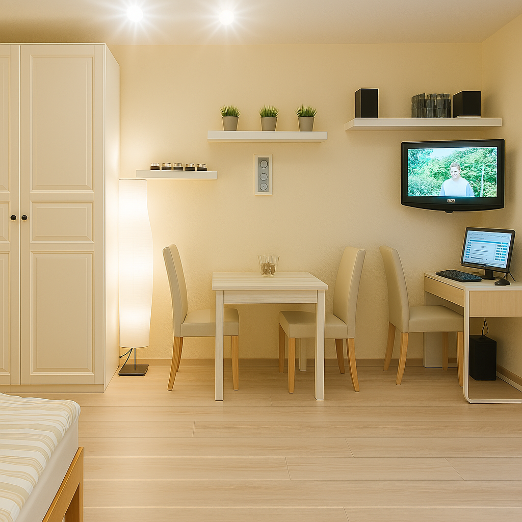 Monteurzimmer Bremerhaven Schmiedestraße 1 – Essecke mit Tisch, Arbeitsbereich und TV an der Wand