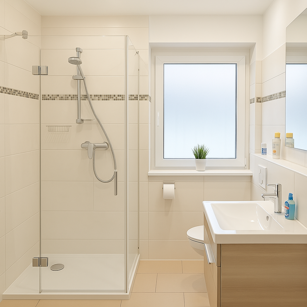 Monteurzimmer Bremerhaven Schmiedestraße 1 – modernes Bad mit Dusche, Waschtisch und Fenster