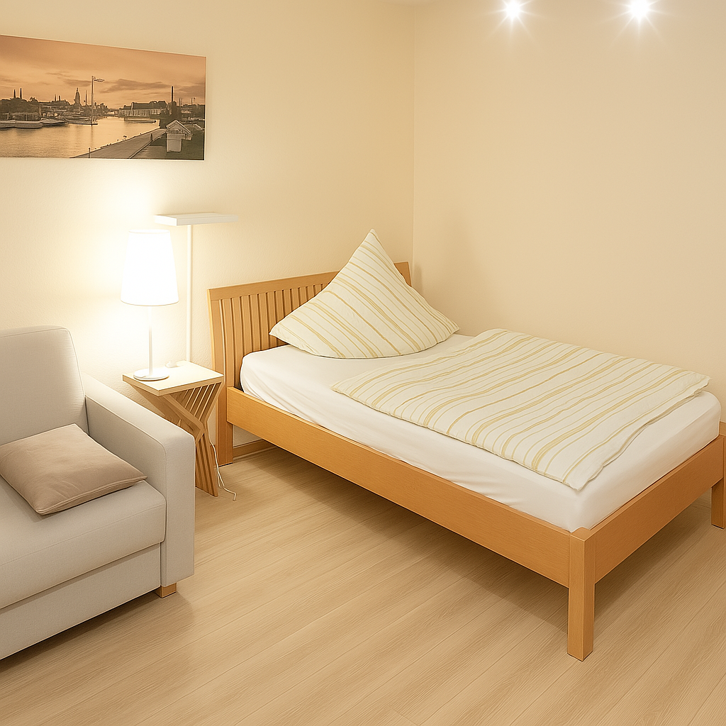 Monteurzimmer Bremerhaven Schmiedestraße 1 – Schlafzimmer mit Einzelbett, Nachttisch und Beleuchtung