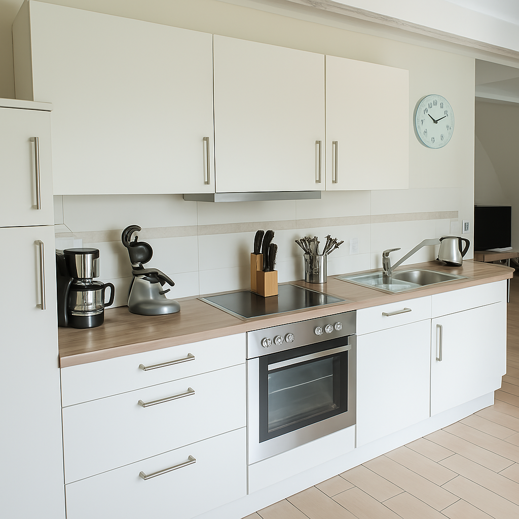 Monteurzimmer Bremerhaven Prager Straße 53 – moderne Küchenzeile mit Herd, Spüle und Kaffeemaschine