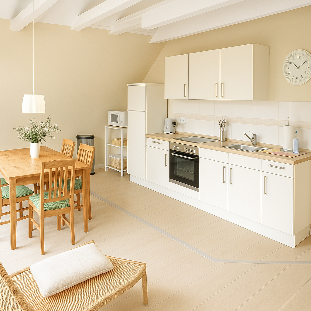 Monteurzimmer Bremerhaven Prager Straße 53 – große Wohnküche mit Esstisch und kompletter Küchenzeile