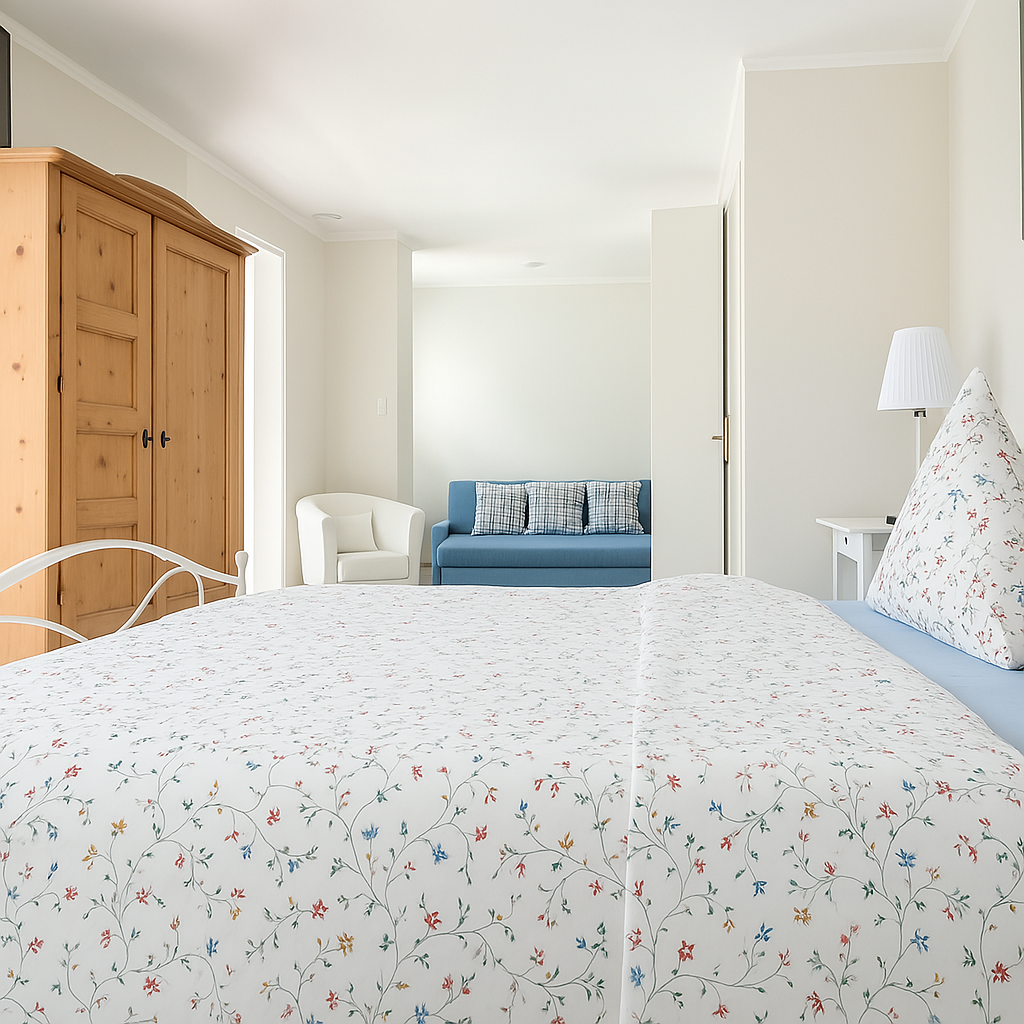 Monteurzimmer Bremerhaven Prager Straße 53 – geräumiges Schlafzimmer mit Doppelbett, Kleiderschrank und Sitzecke