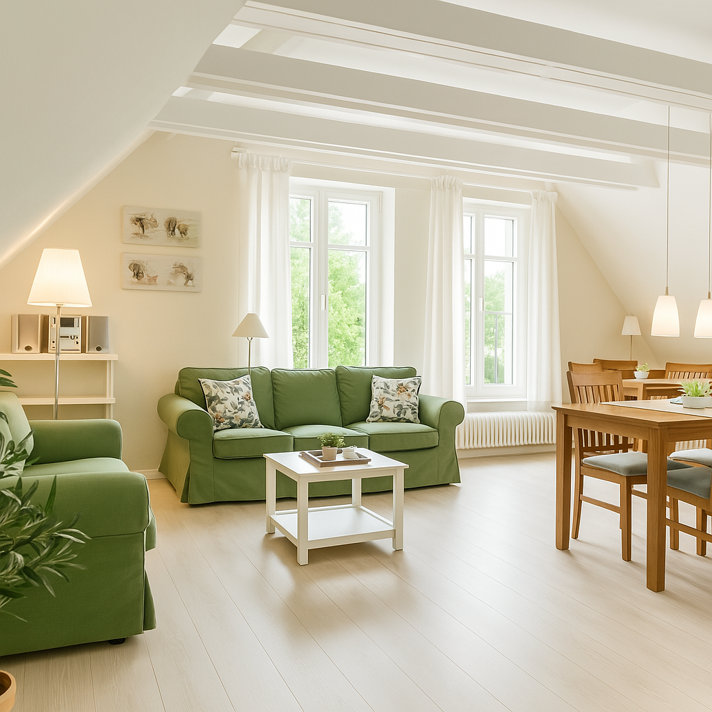 Monteurzimmer Bremerhaven Prager Straße 53 – großes Dachgeschoss-Wohnzimmer mit grünen Sofas, Esstisch und hellen Fensterfronten